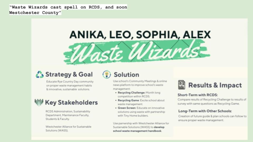 Waste Wizards - SECOND Place (joint) Anika Bhat, Sophia Lynch, Alex Rivas and Leo Roth - Rye Country Day School