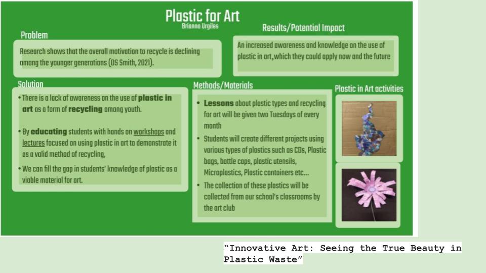 Plastic for Art - Excellent execution of project goals Brianna Urgiles - Peekskill HS